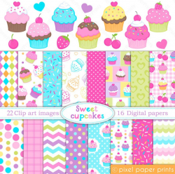Cupcake clipart- SWEET CUPCAKES - Digital paper and clip art set