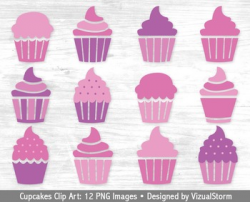 Pink and Purple Cupcakes Clip Art, 12 Hand Drawn Cupcake Illustrations