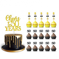 50th Birthday Cake Topper and 50 Cupcake Wine Glass Toppers Glitter  Cardstock Set, Cheers to 50...