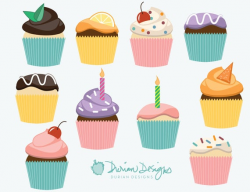 Cute Cupcakes Clip Art commercial use, chocolate vanilla pastry pink  frosting birthday dessert clipart, cake images instant downloads