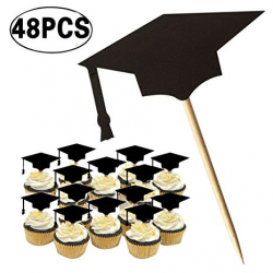 Coxeer Graduation Cupcake Topper, 48PCS Graduation Cap Cake Topper  Graduation Party Decorations Cake Topper Picks (Black)
