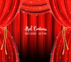 Red Curtains Clipart, red curtain backdrop clip art graphics, stage  curtains, theater curtains, red and gold drapes, overlays, backgrounds
