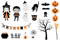 Cute Halloween clipart set, Kids in costumes, ghost, bunting ...