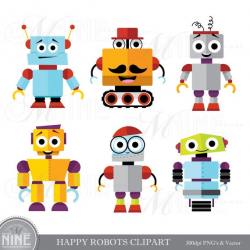 HAPPY ROBOTS Clip Art / Cute Robot Clipart Downloads / Robot Party, Cute  Robots Theme, Robot Scrapbook Clipart, Vector Robots