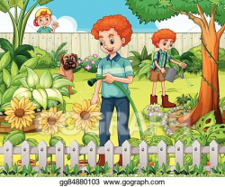 Vector Stock - Father and son watering the plants in the ...