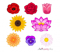 Flowers Clip Art, Flowers clipart, colorful flowers, flower heads, poppy,  rose, tulip, sunflower, lotus, chrysanthemum, violet, daisy