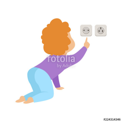 Cute toddler baby touching an electrical socket, kid in ...