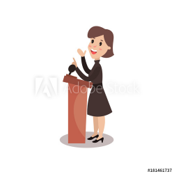 Female politician character standing behind rostrum and ...