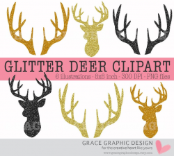 Glitter Clipart Deer Antlers, Clipart Deer Silhouettes, Gold Glitter  Commercial Use Digital Illustrations, Gold Glitter, Black Glitter,