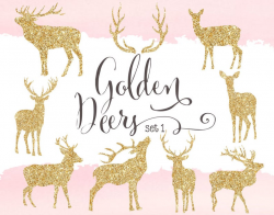 Golden Glitter Deer Cliparts - Gold Deer Silhouettes - Antlers Clipart -  Deer Clip Art - PNG Glitter deer Christmas deer clipart deer