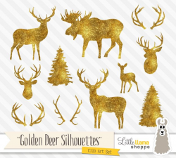 Gold Deer Silhouette Clipart, Gold Glitter Deer Antlers Clip Art, Golden  Deer Head, Glitter Moose Silhouette, Commercial Use