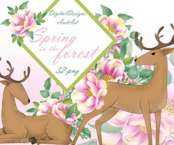 Forest spring clipart, Deer clipart, Flowers clipart, Pink peony clipart,  Spring flowers, Forest deer illustration, Planner supplies