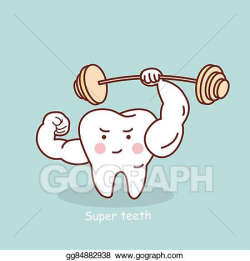 Vector Illustration - Cartoon strong tooth with dumbbell ...