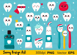 Vector Dental Clipart, Kawaii tooth, Toothbrushes, Toothpaste, COMMERCIAL  USE, Instant Download, Teeth Clip Art, Dental Care Clipart Kawaii