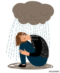 Depressed girl. Cartoon depressive woman and crying rain ...