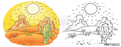 Cartoon lizard and cactus in the desert, cartoon drawing ...