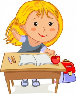 Clipart - Blonde Girl Raising Her Hand Sitting At Her Desk In School