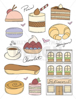 Doodle french pastry Clip Art Set, Dessert Clipart, Food ...