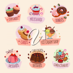 Desserts and pastry cakes vector icons set for bakery shop ...