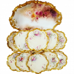 12 Piece Antique French Limoges Handpainted Floral Dessert Set with ...