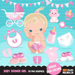 Baby Shower Clipart. Baby girl pink bib, diaper, baby shoes cute birthday  elements. Carriage stroller pink onesie. Foot print graphic design