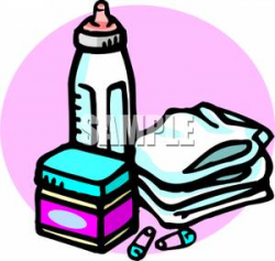 A Stack of Diapers with a Bottle - Clipart