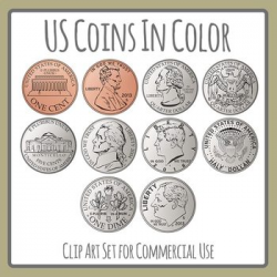 US Coins Color Cents, Pennies, Dimes, Quarters Clip Art Commercial Use