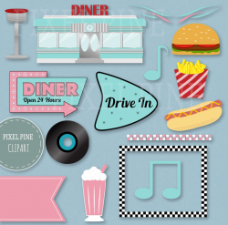 Fifties Diner Clipart Set, 30 PNGs, 5 1950s Diner Digital Paper JPGs,  Commercial Use