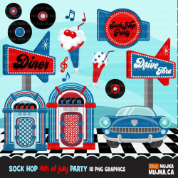 4th of July Sock Hop Party Clipart, 50's retro diner. jukebox, Cadillac,  diner sign, records and smoothie graphic, vintage birthday clip art