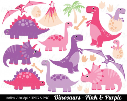 Dinosaur Clipart, Pink Purple Dinosaurs Clip Art, T Rex Stegosaurus  Triceratops Girl dino party - Commercial & Personal - BUY 2 GET 1 FREE!