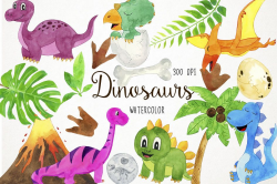 Watercolor Dinosaurs Clipart, Baby Dinosaur, Dino Clipart