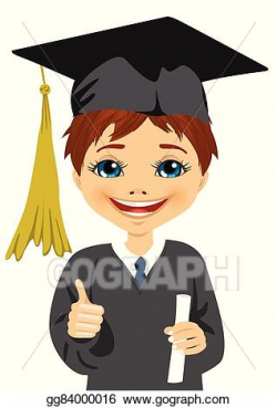 Vector Clipart - Graduation little boy holding his diploma ...
