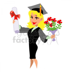 A Happy Graduate holding Flowers and her Diploma Wearing a Cap and Gown  clipart. Royalty-free clipart # 139281