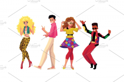 People in 1980s style clothes dancing at retro disco party