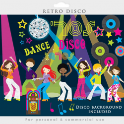 Disco clipart - retro clip art, dancing vintage jukebox albums music stars  1970s 70s scrapbooking clipart personal and commercial use