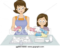 Clip Art Vector - Mom and daughter washing dishes. Stock EPS ...