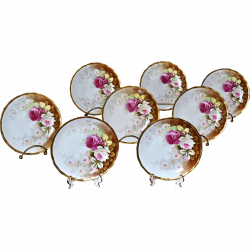 Limoges 8-Piece Signed Dessert Plate Set with Gold Borders and Hand ...