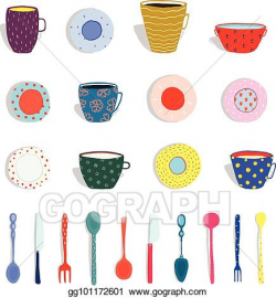 Vector Stock - Cups mugs plates dishes silverware collection ...