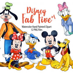 Watercolor Disney Fab Five Clipart. Mickey Donald Minnie Goofy Pluto Daisy.  Digital prints, invitation, post card, hand painted graphic, PNG