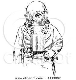 Clipart Of A Retro Vintage Black And White Deep Sea Diver ...