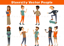 Digital vector clipart diversity people with flat cartoon characters. Cute  EPS PNG PSD clip art with men, women and kids cartoon characters.
