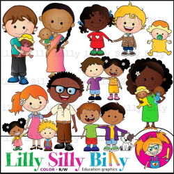 FAMILY Diversity 4. Black and White and full color. Graphics of family/  diverse nationalities. Teacher and school clipart.