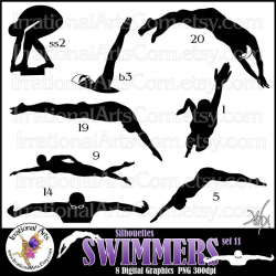 Male and Female Swimmer Silhouettes Set 11 - 8 PNG clipart graphics swim  breaststroke freestyle diving backstroke {Instant Download}