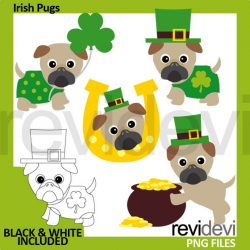 Irish pug clipart / St Patrick' Day pugs clipart / Clover green cute dog  pug clip art commercial use