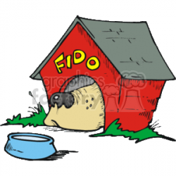 Cartoon dog in a doghouse clipart. Royalty-free clipart # 131961