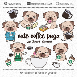 Cute pugs Clipart, coffee pugs, cute dogs sticker, barista animal coffee,  cute friendly animal, digital clip art
