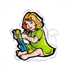 Little girl in a green dress playing with a barbie doll clipart.  Royalty-free clipart # 159016