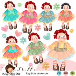 Rag Doll Clipart, Doll Clipart, Raggedy Doll Clipart, Vintage Doll Clipart,  Prim Clipart,Watercolor Clipart, Watercolor toy