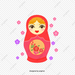 Cartoon Illustrations Of Pink Cute Russian Dolls And Flowers ...