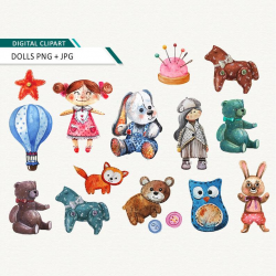 Watercolor kids toys clipart textile doll clip art sewing dolls digital  clipart download commercial use ok